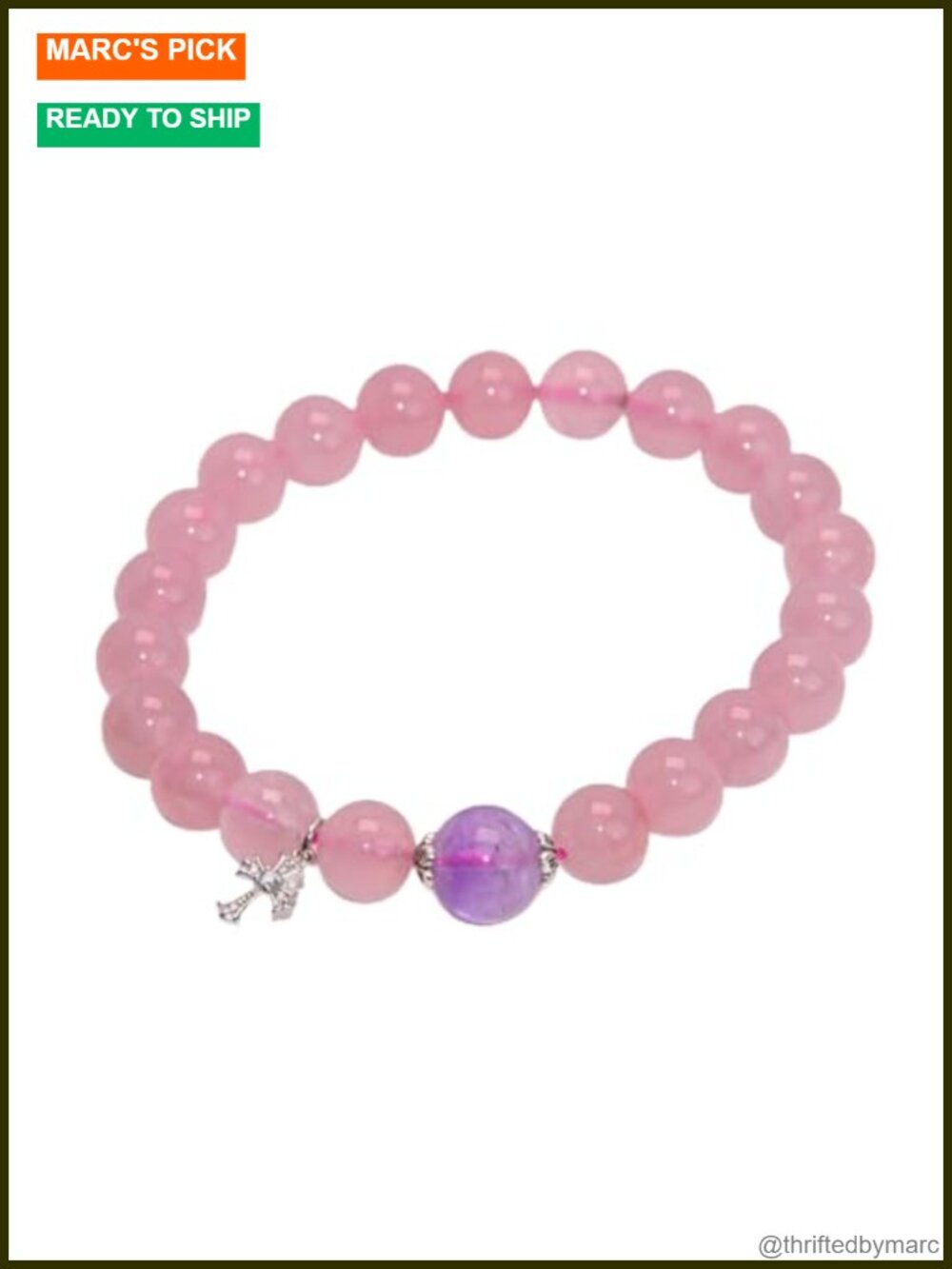Natural Rose Quartz Bracelet with Amethyst Accent, Sterling Silver Charm,